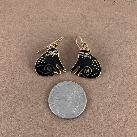 Vintage Laurel Burch Black Enameled KESHIRE CATS Pierced  French Wires Earring - Picture 6 of 7